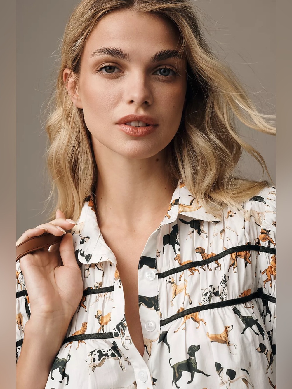 Anthropologie Maeve The Leandra Shirred Yoke Cotton Dog Print Puff Sleeve Blouse - Picture 4 of 11